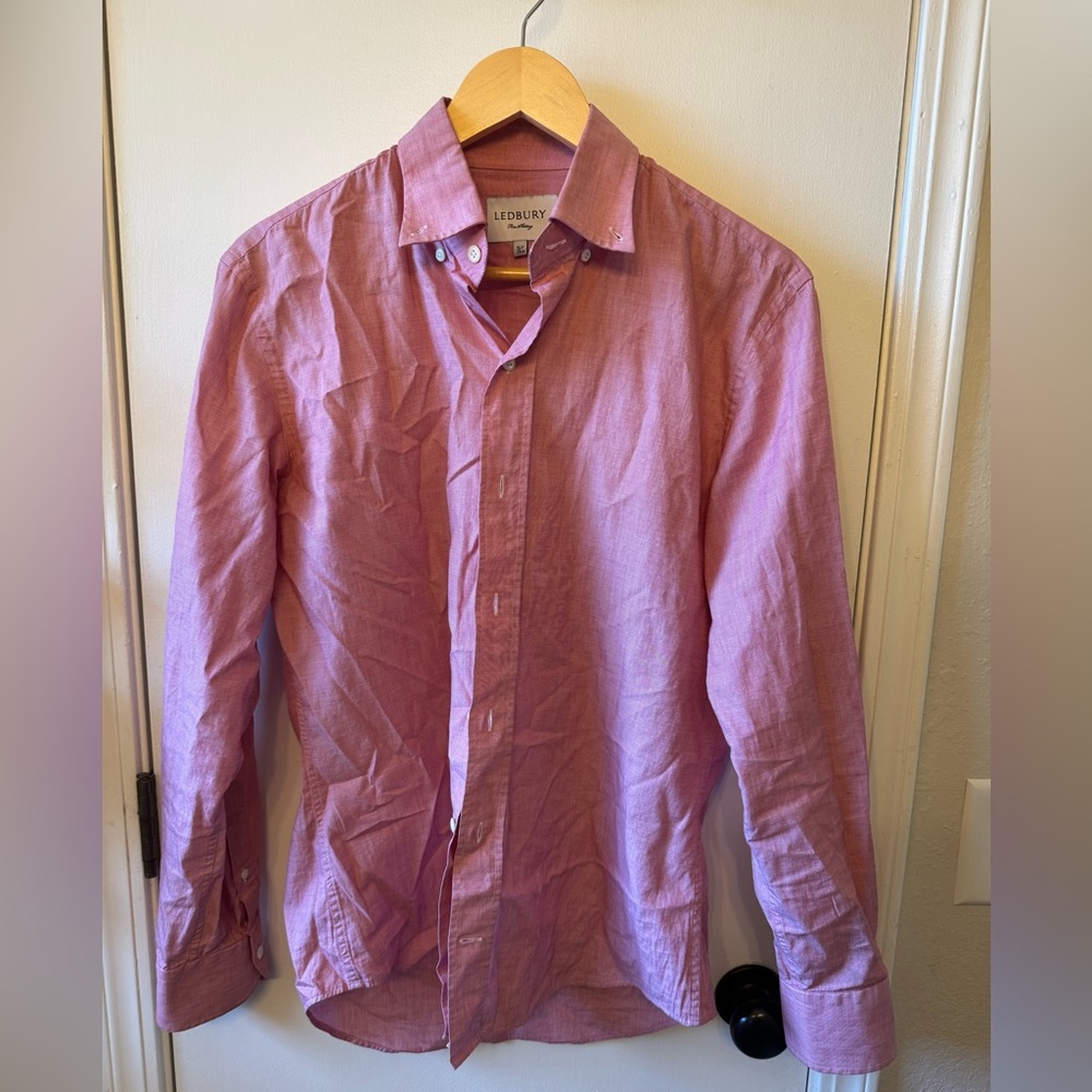 Ledbury Men’s Cotton Solid Pink Dress Shirt 15 1/2 Button Collar